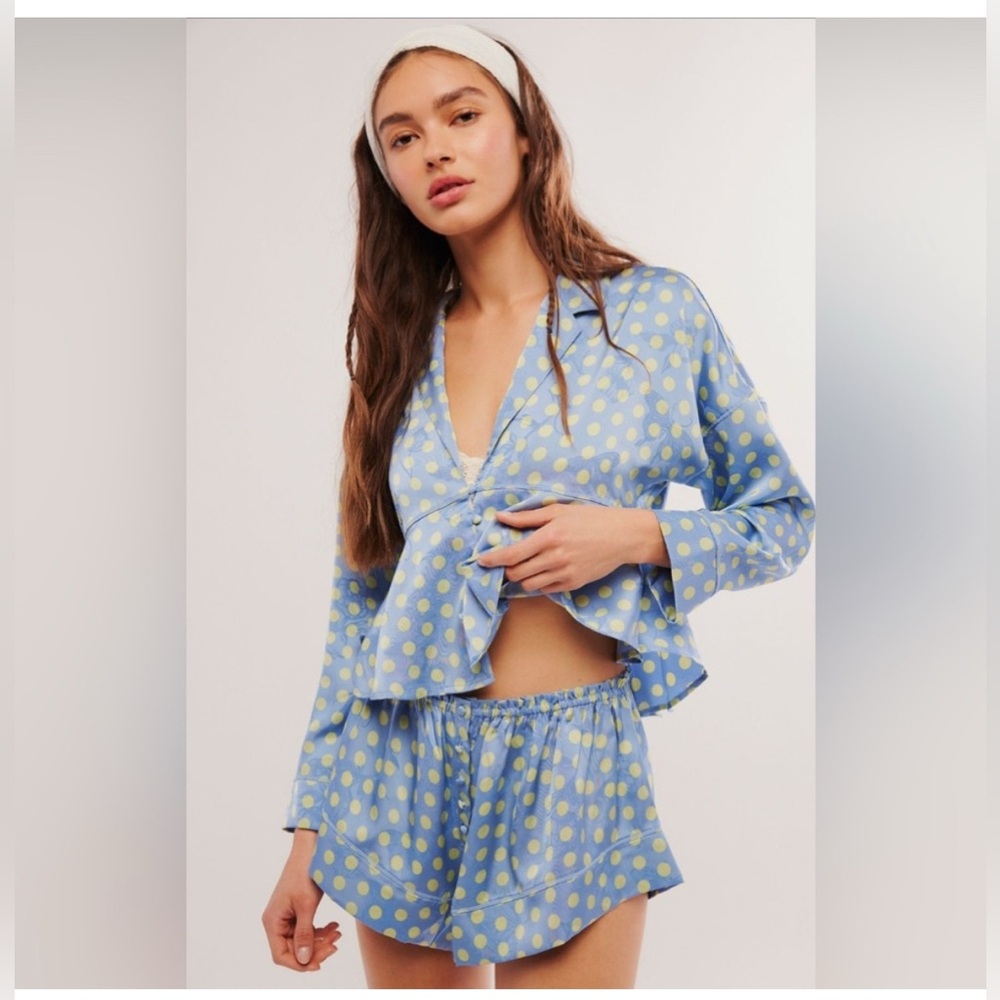Free People Blue & Yellow Polka Dot Satin Pajama Set